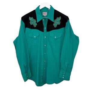 Vintage Ely Diamond Western Shirt Pearl Snap Leaf Applique - Men's Size L